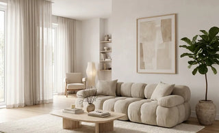 Rove Lab Marshbello Loveseat in Helium Cloud, a compact sofa for small spaces, on a living room