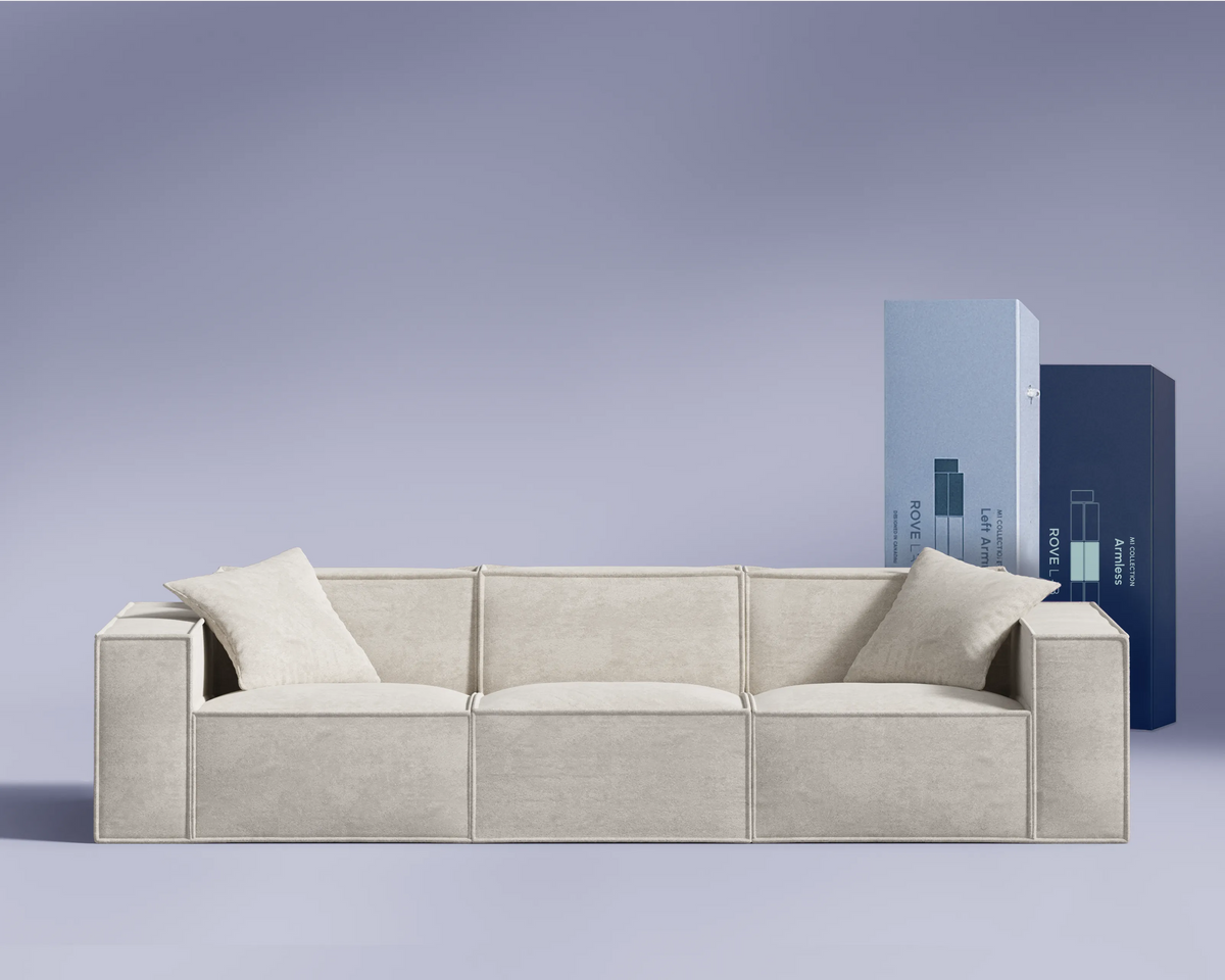 M1 Sofa Three Seater in Helium Cloud, front view.