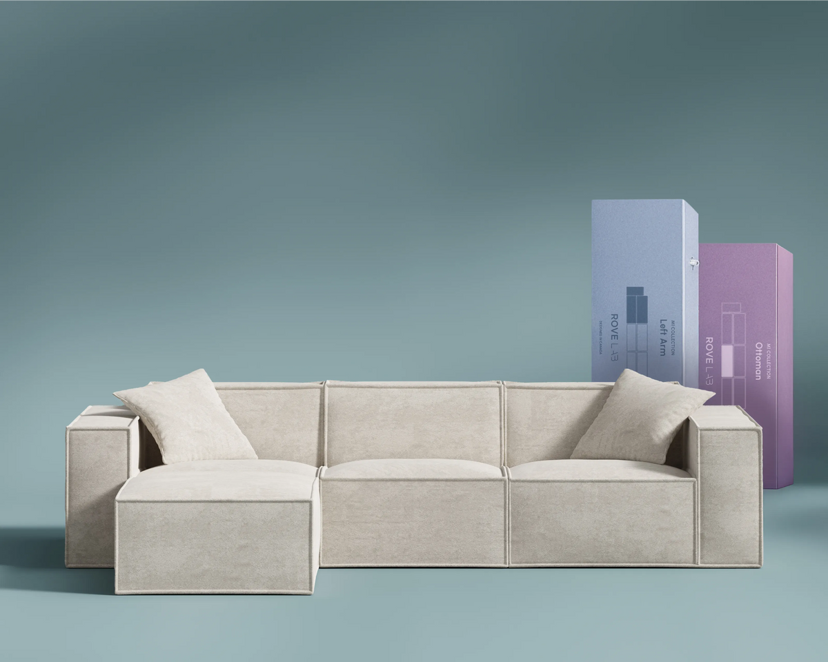 M1 Sofa Sectional in Helium Cloud, front view.