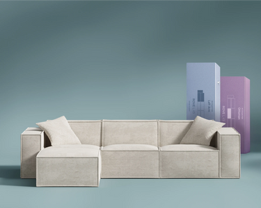 M1 Sofa Sectional in Helium Cloud, front view.