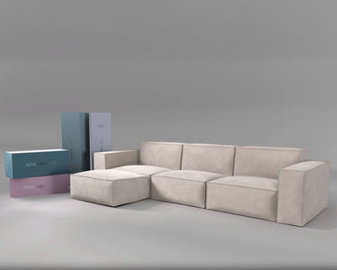 #color_inactive
M1 sectional sofa set in a neutral color, displayed next to packaging boxes labeled Rove, showcasing a minimalist and modern design