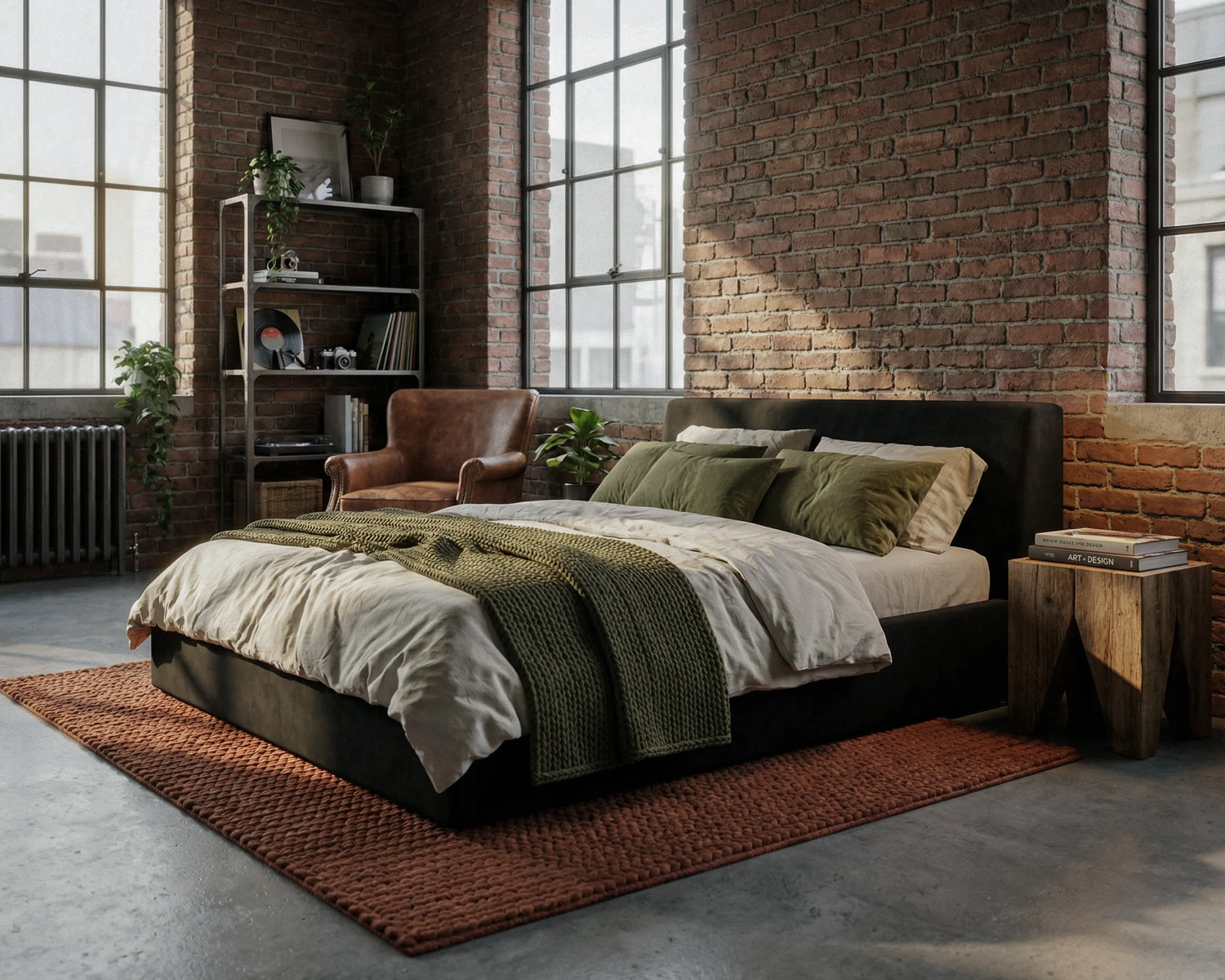 # Front view of O2 Soft Frame Bed in black, featuring minimalist bedding, a cozy throw, and a wooden side table. The industrial-style room is complemented by natural light, exposed brick walls, and greenery.
