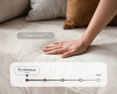 Hand testing the softness and support of the S8 Sleeper Sofa Bed, with on-screen information showing its firmness level.