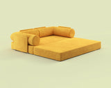 Side view of the S8+ sofa bed in Ochre Horizon, shown in king-size bed mode.