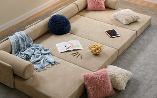 The S8+ sleeper sofa set up for lounging and sleeping in a relaxed living space