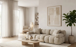 Rove Lab Marshbello Loveseat in Helium Cloud, a compact sofa for small spaces, on a living room