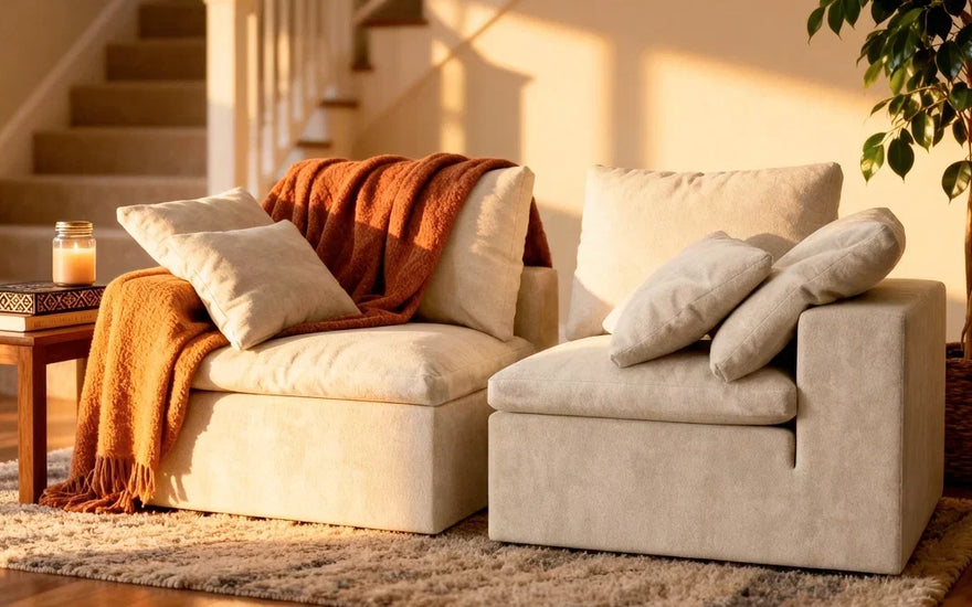 two modules of a modular sofa, separated