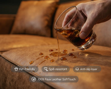Spill-proof test on the M1 Sofa Sectional, with a hand pouring liquid from a glass onto the sofa. 