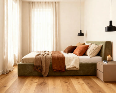 # Side view of O2 Soft Frame Bed in Krypton Green, featuring a modern minimalist design with a soft, foam-based structure and elegant, low-profile aesthetic.