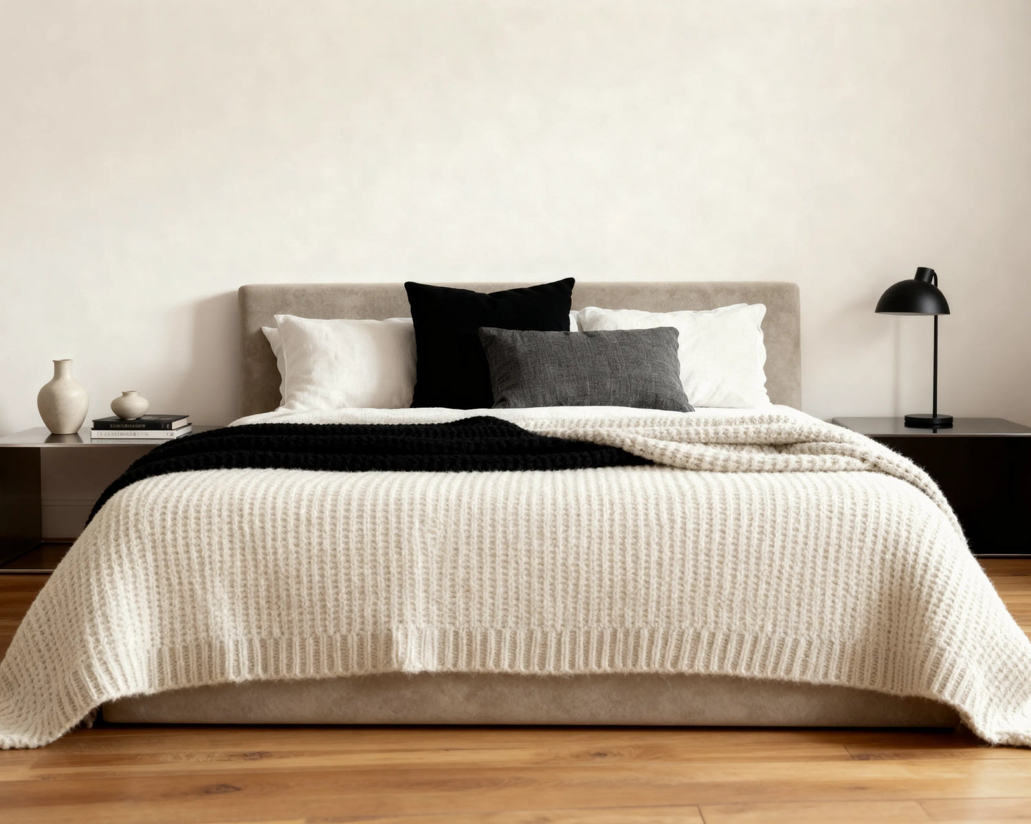 # Front view of O2 Soft Frame Bed in Silicon Sand, with a soft, contemporary design, showcasing its low-profile foam structure and simple elegance.