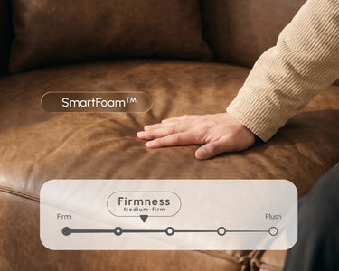 Hand testing the softness and comfort of the M1 Sofa Sectional. Include information about SmartFoam™ Comfort and its firmness level in the image.