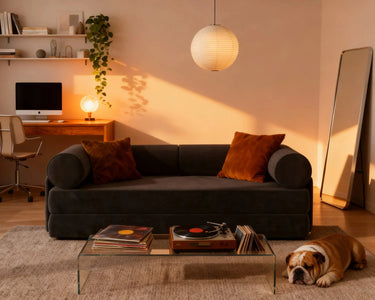  Natural daylight fills the room alongside the warm glow of a floor lamp, creating a cozy atmosphere.