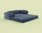 Side view of the S8+ sofa bed in Nebula Blue, shown in king-size bed mode.