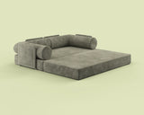Side view of the S8+ sofa bed in Terraform Green, shown in king-size bed mode.