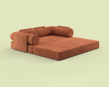 Side view of the S8+ sofa bed in Umber Mars, shown in king-size bed mode.