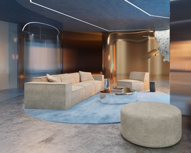 #Discover the sleek and versatile M1 modular sofa in a modern setting, featuring metallic elements. Perfect for luxury living spaces that combine style with adaptability.