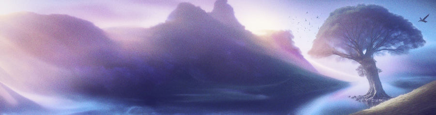 A dreamy landscape featuring a large tree by a calm river, with misty mountains in the background and birds flying in the sky, symbolizing sustainability and harmony with nature - desktop version