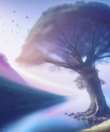 A dreamy landscape featuring a large tree by a calm river, with misty mountains in the background and birds flying in the sky, symbolizing sustainability and harmony with nature - mobile version