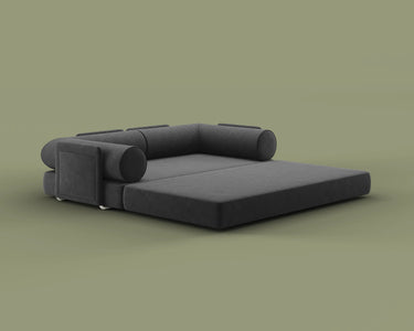 S8 Sleeper Sofa Bed, in Dark Matter color, fully opened in bed mode.