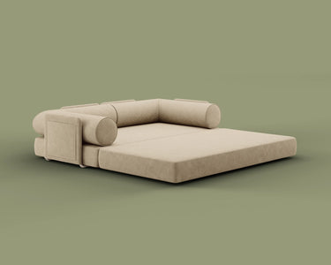 S8 Sleeper Sofa Bed, in Lunar Dune color, fully opened in bed mode.