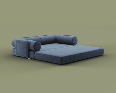 S8 Sleeper Sofa Bed, in Nebula Blue color, fully opened in bed mode.