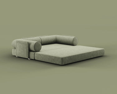 S8 Sleeper Sofa Bed, in Terraform Green color, fully opened in bed mode.